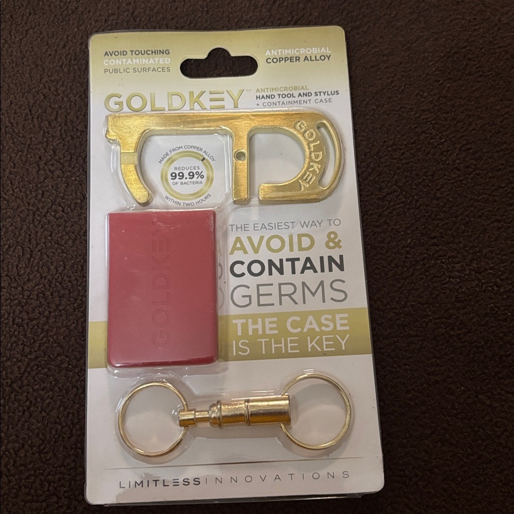 Antimicrobial Copper Alloy Keychain Tool - Gold with red case